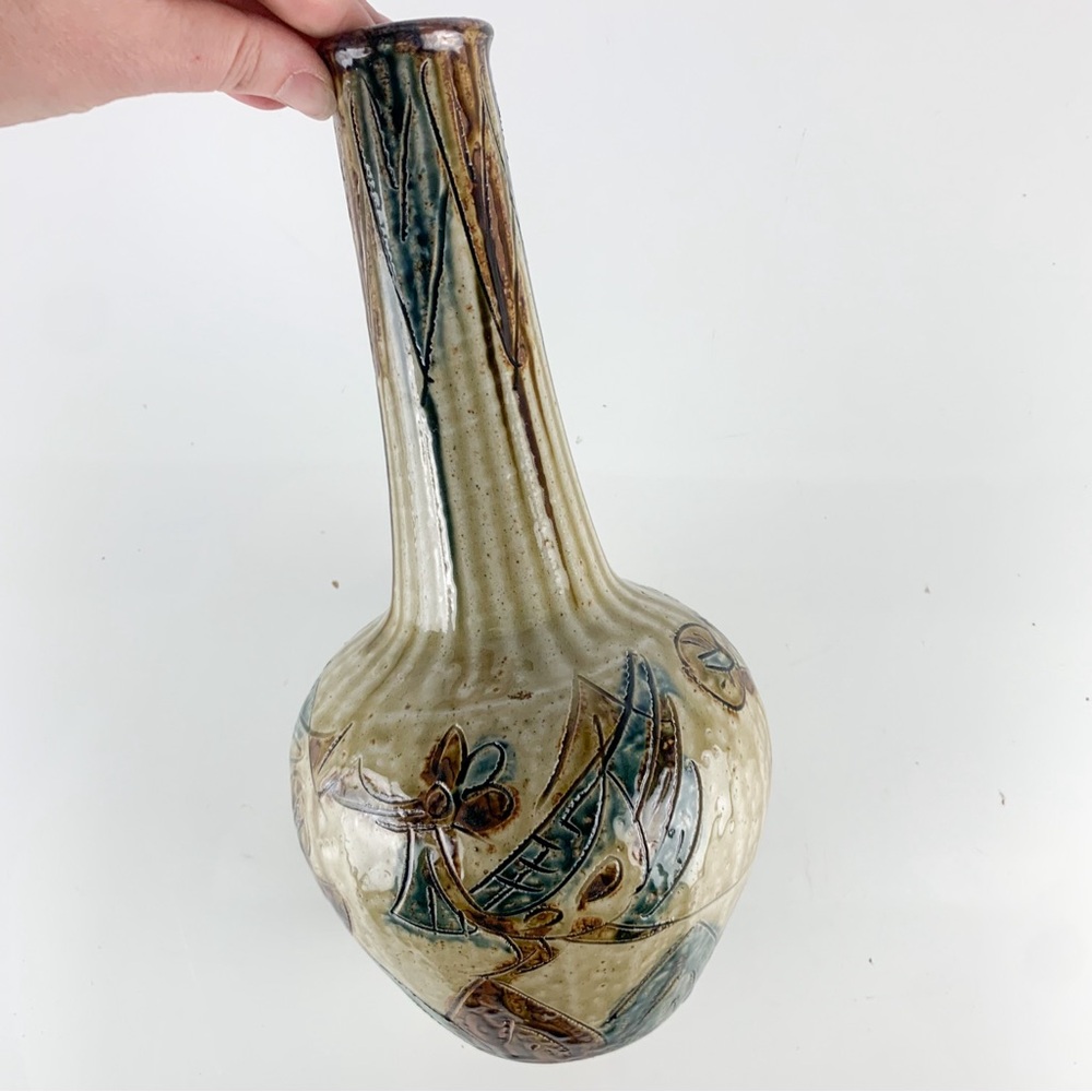 Vintage Mid Century Modern Japan Otagiri Vase Tall Carved Stoneware Fluted Neck